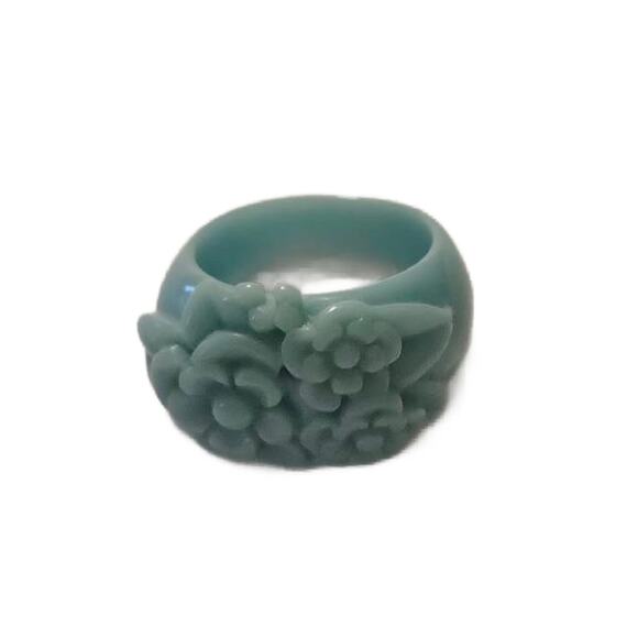Celluloid Blue Carved Flower Ring, Size 7.5 - Picture 3 of 11